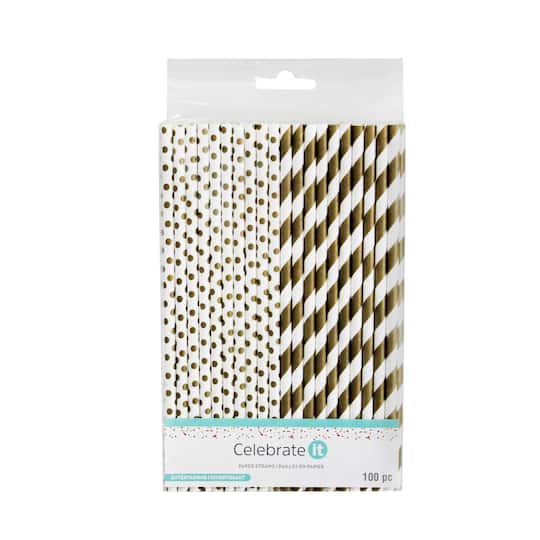 8 Packs: 100 ct. (800 total) Gold Printed Paper Straws by Celebrate It&#x2122; Entertaining